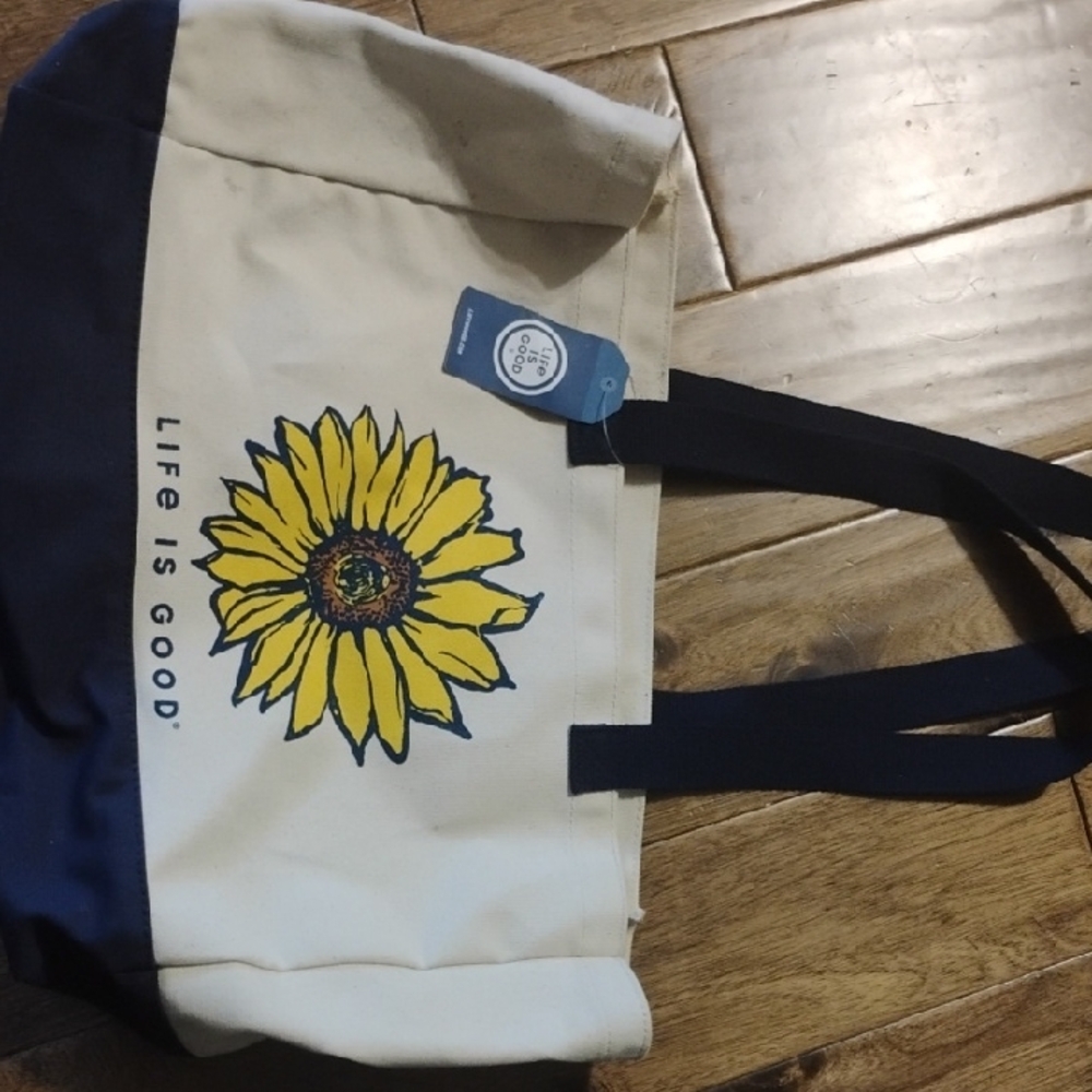 Life Is Good Navy and Cream Tote with Sunflower